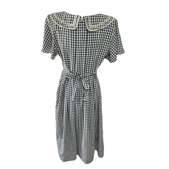 Vtg 80s Black White Gingham Prairie Dress Peter Pan Collar 10/12 Petite Modest - Picture 7 of 10